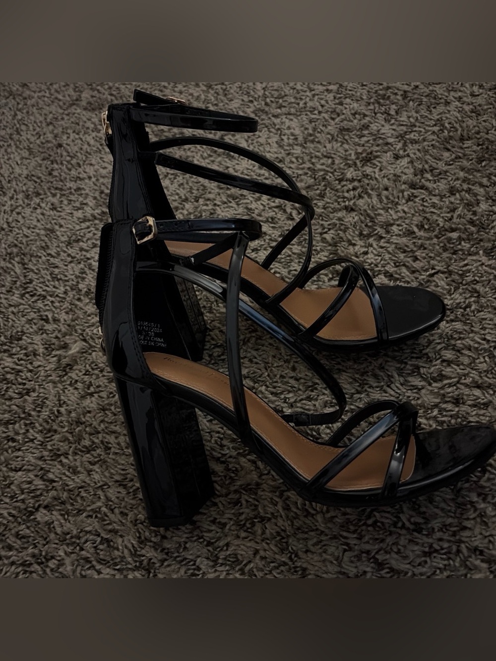 River Island Black Patent Strappy Block Heel Sandals